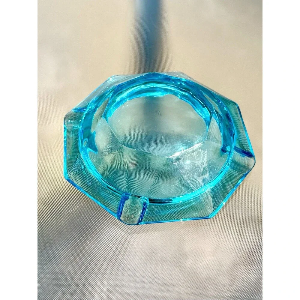 Vintage Hazel Atlas Capri Blue Glass Ash Tray Cigar Trinket Dish octagon 6 5/8